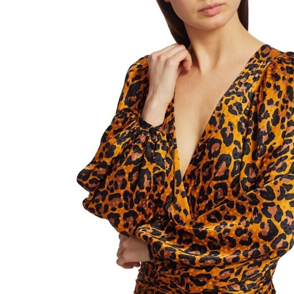 NWT Ronny Kobo leopard animal print statement sleeve faux wrap mini dress, M - Picture 12 of 16